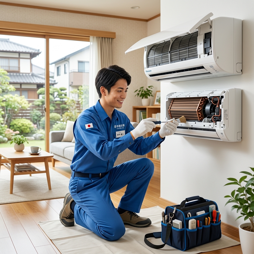 丁寧に作業するエアコン職人
